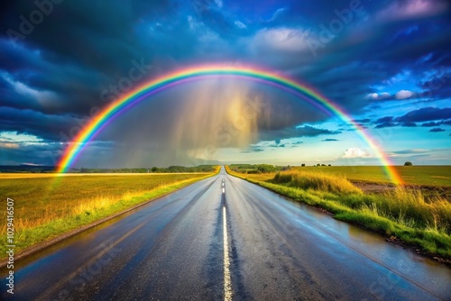 Rainbow arching over wet road in sky