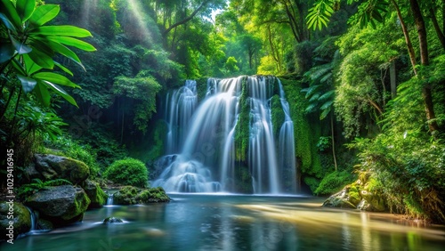 Rainforest waterfall with liquid metal and luminescent undergrowth