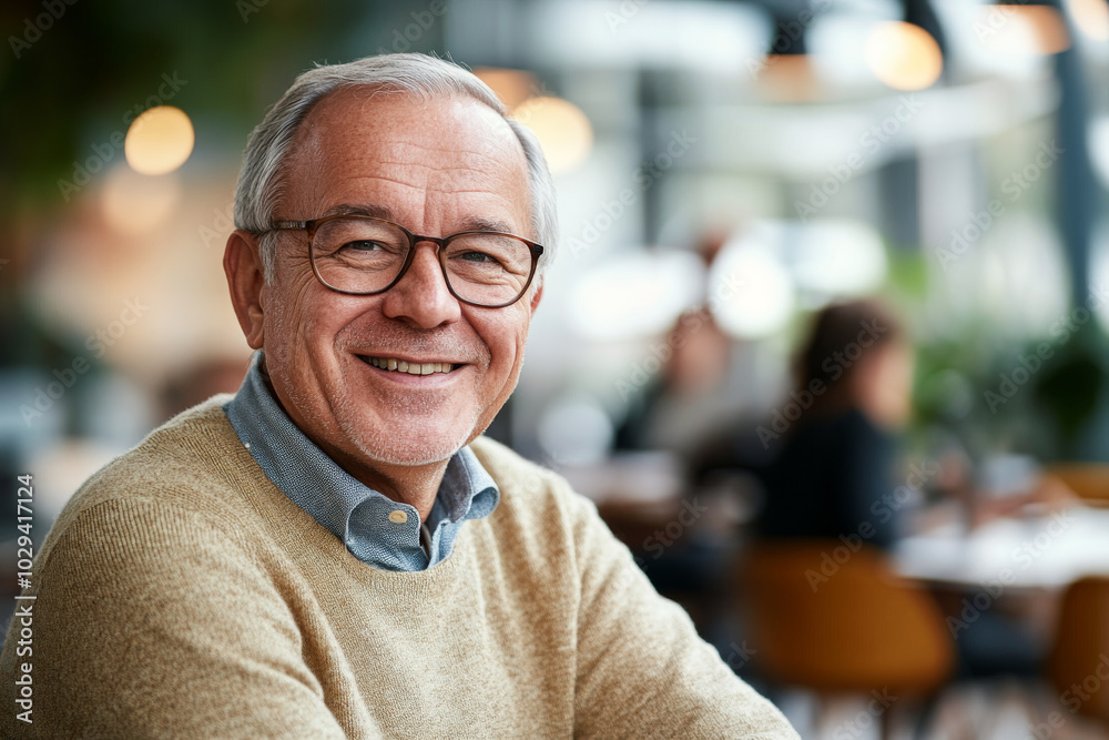 Smiling elderly man wearing glasses sitting in casual indoor setting. Confident senior businessman working in modern office. Portrait of mature corporate worker Smiling elderly man wearing glasses sitting in casual indoor setting. Confident senior businessman working in modern office. Portrait of mature corporate worker