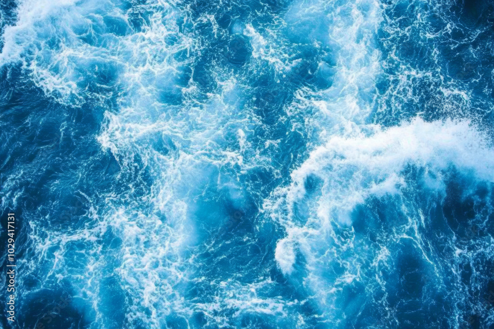 Deep blue ocean water with swirling waves and splashes. Top view of vibrant seascape with sea water Deep blue ocean water with swirling waves and splashes. Top view of vibrant seascape with sea water