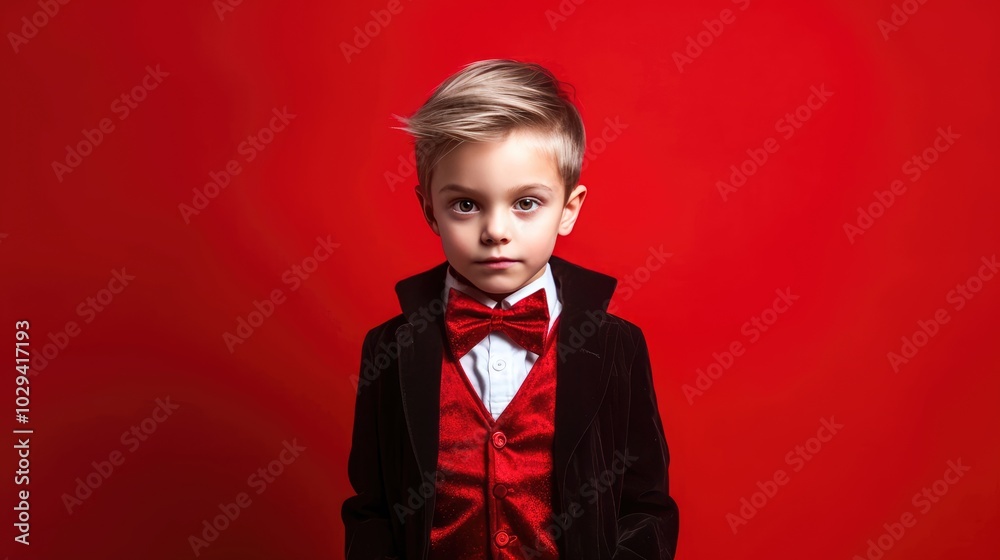 Charming young boy in a stylish suit and bow tie posing confidently against a vibrant red background Charming young boy in a stylish suit and bow tie posing confidently against a vibrant red background