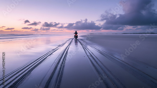 A motorcycle rider at sunrise on an empty beach with tire tracks in the wet sand leading to the ocean.