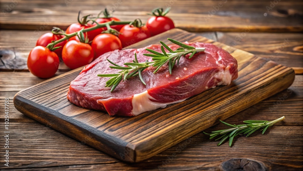 raw beef steak with rosemary and tomatoes on wooden board raw beef steak with rosemary and tomatoes on wooden board