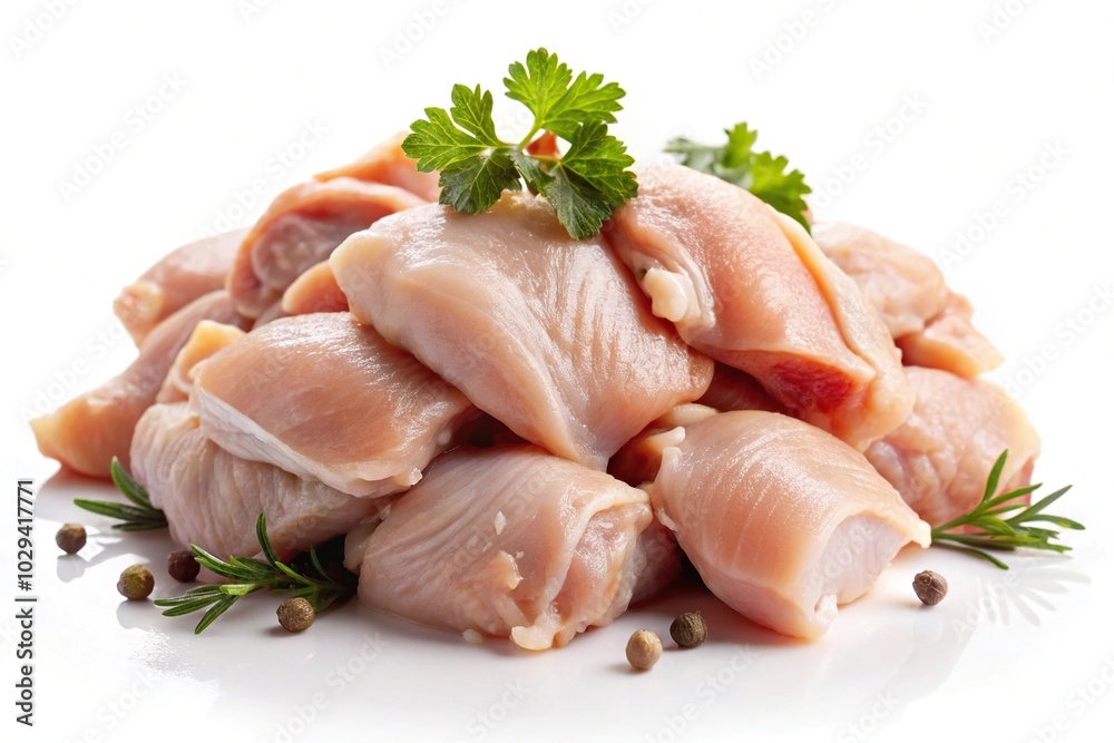 Raw chicken meat and pieces isolated on white background at a tilted angle Raw chicken meat and pieces isolated on white background at a tilted angle