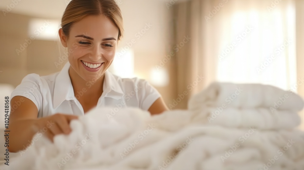 A smiling woman is seen folding white linens in a warmly lit setting, surrounded by soft fabrics that convey a sense of satisfaction and domestic bliss.