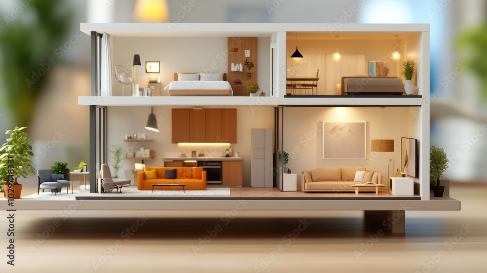 Fototapeta premium A cutaway model of a house showcasing meticulously designed interiors and furnishings, providing a peek into modern living spaces with a touch of elegance.