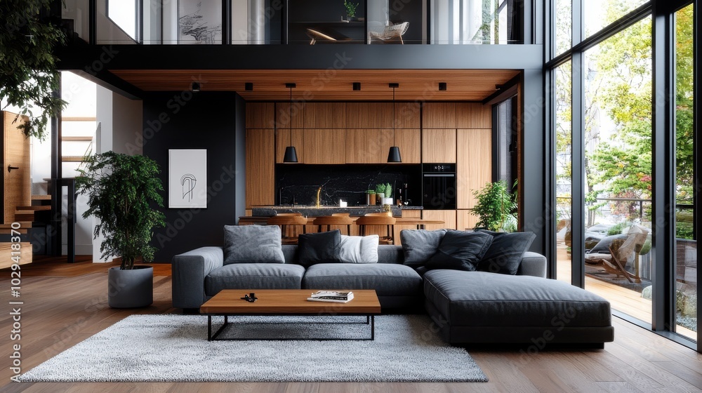 Obraz premium An open living space with high ceilings, featuring wooden accents, a plush gray sofa, and a dining area, highlighted by ample natural light.