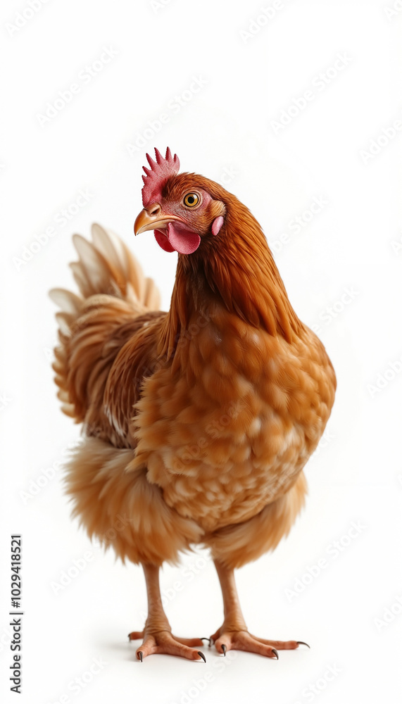 Fototapeta premium Brown chicken standing alert on white background