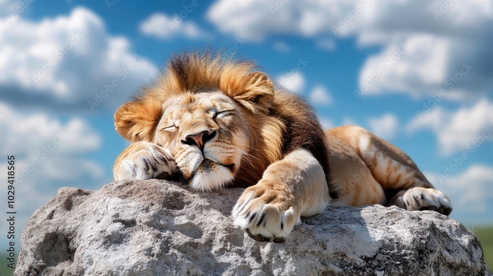 A majestic lion rests tranquilly on a large rock under a bright blue sky filled with fluffy clouds, capturing a serene moment of nature's beauty and tranquility. A majestic lion rests tranquilly on a large rock under a bright blue sky filled with fluffy clouds, capturing a serene moment of nature's beauty and tranquility.