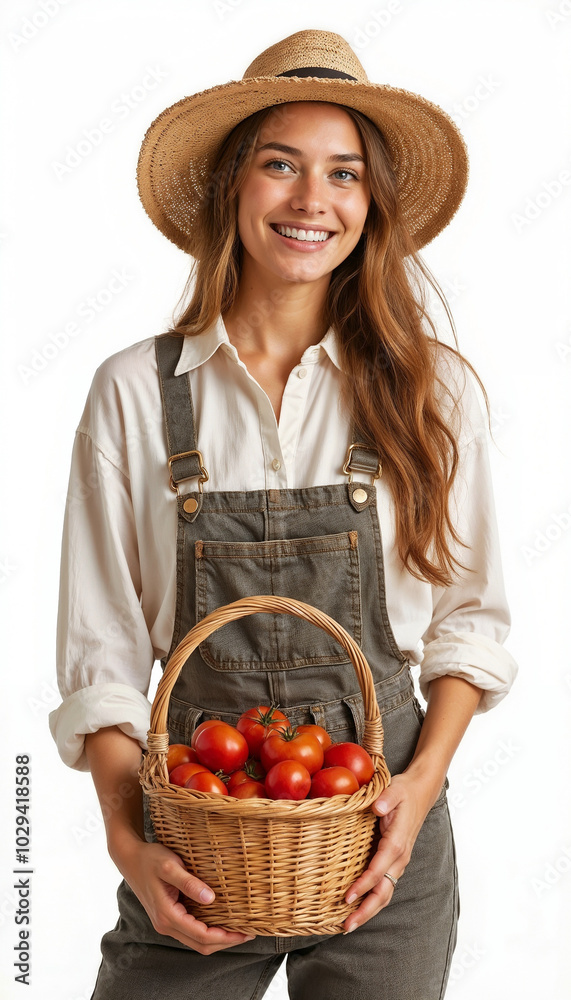 Happy female farmer holding basket of red tomatoes Happy female farmer holding basket of red tomatoes