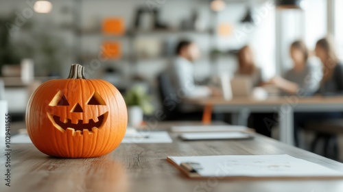 A smiling Jack-o'-lantern on a table brings Halloween festivities into a contemporary office, striking a balance of playful enjoyment and work ambiance. photo