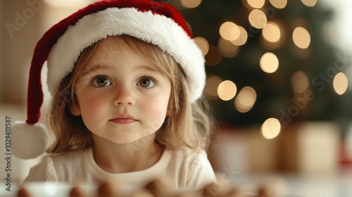 An enchanting child with bright eyes and a Santa hat looks with a sense of wonder, set against a backdrop of shimmering Christmas lights, capturing festive innocence.