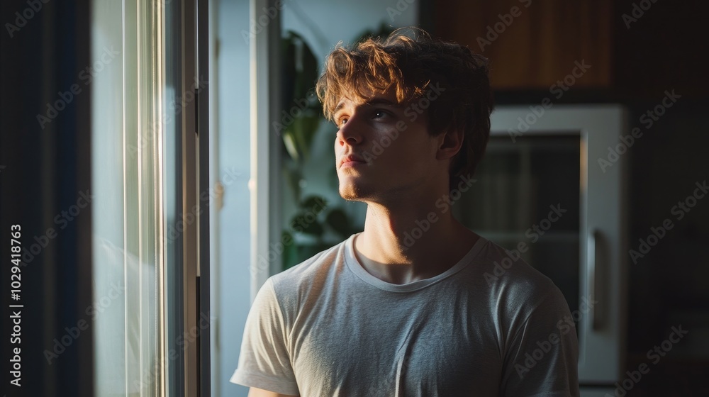 thoughtful young man at home at the glass door thoughtful young man at home at the glass door