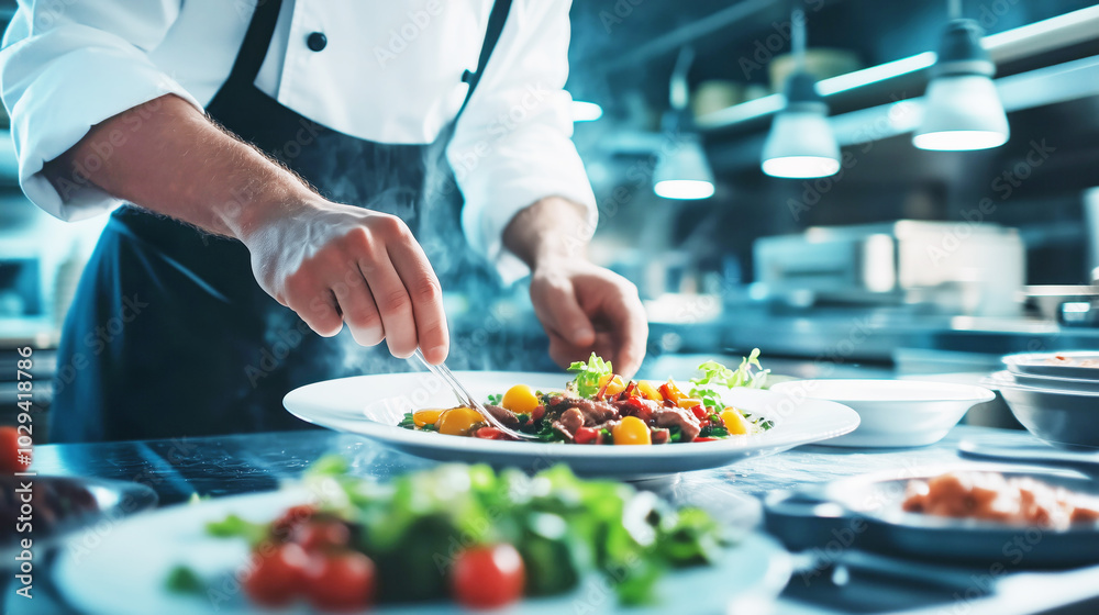 Chef preparing gourmet salad with fresh ingredients in professional kitchen Chef preparing gourmet salad with fresh ingredients in professional kitchen