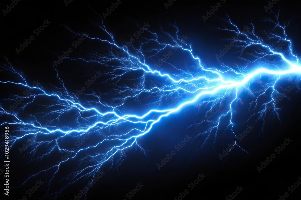 Fototapeta premium Realistic lightning effect with blue light on black background