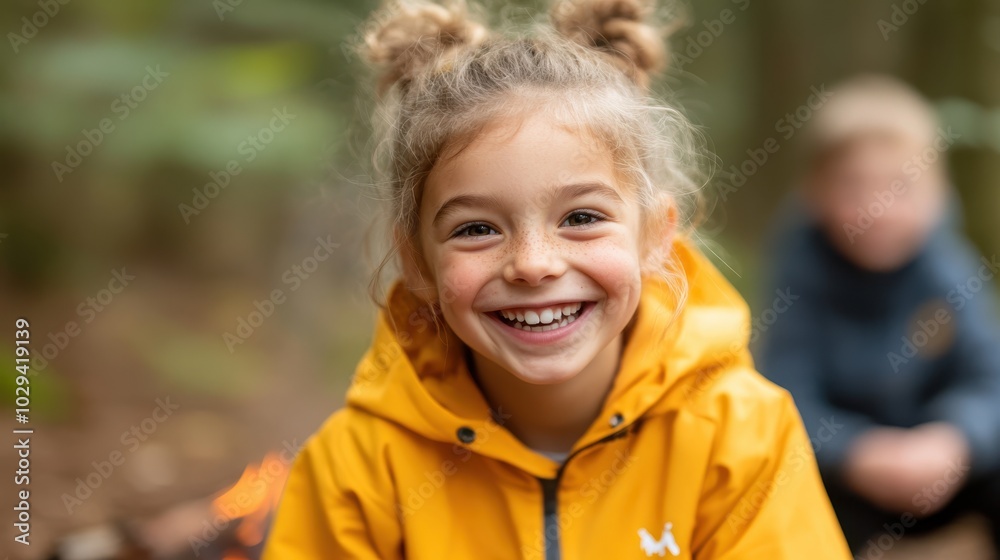 A delighted young girl in a yellow jacket sits by a campfire in a forest setting, her joyful expression reflecting the warmth and excitement of the outdoor experience. A delighted young girl in a yellow jacket sits by a campfire in a forest setting, her joyful expression reflecting the warmth and excitement of the outdoor experience.