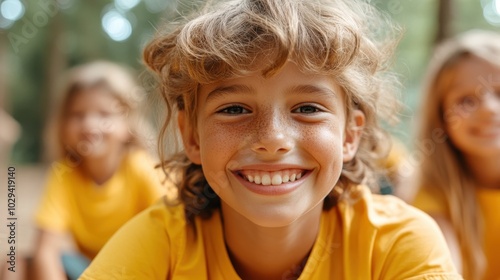 A joyful boy with curly hair displays a bright smile while surrounded by friends in the forest. It's a vibrant capture of youth and the happiness of summertime play.