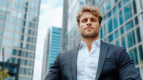 A confident young man dressed in a sleek suit stands tall amidst modern urban skyscrapers. This image reflects sophistication and the dynamic energy of city life.