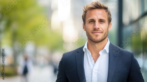 A professional looking man in a suit smiling confidently outside in a modern urban setting, embodying confidence and success with a blurred background and greenery around.