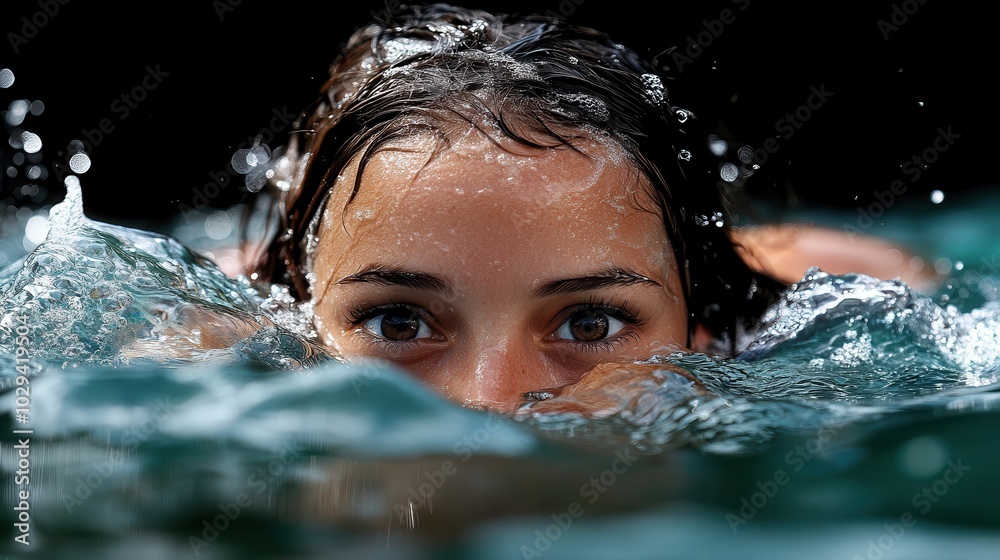 Obraz premium This is a striking image of a woman swimming in a reflective pool. Partially submerged with only her eyes above water, she maintains a focused look.
