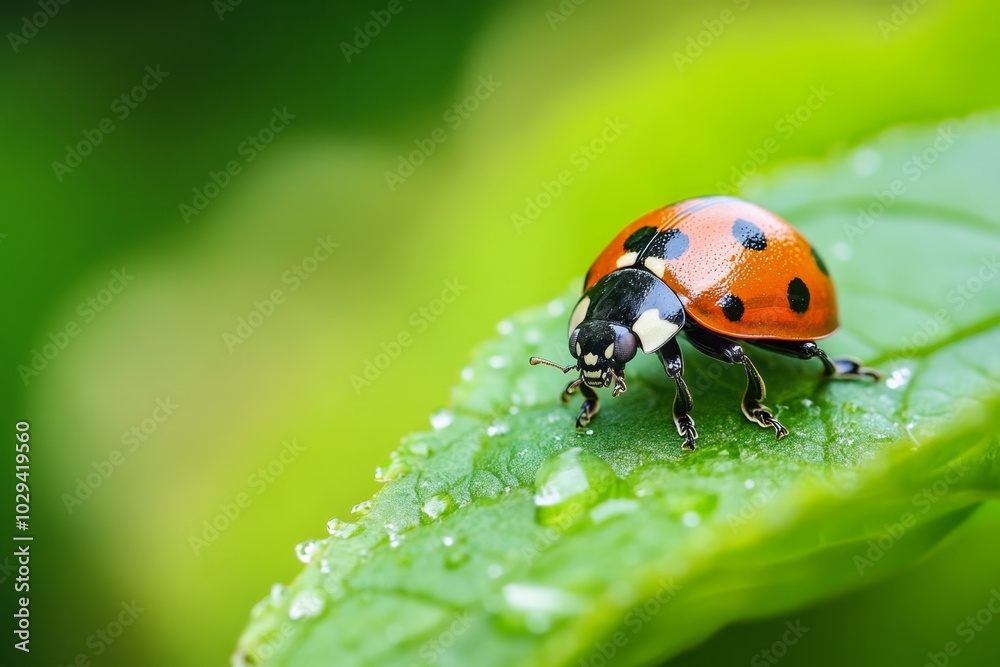 Ladybug on a dewy leaf in vibrant green nature scene Ladybug on a dewy leaf in vibrant green nature scene