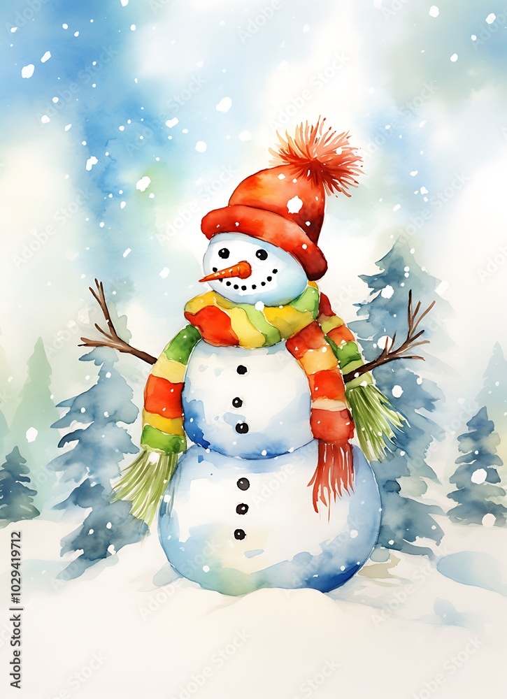 Fototapeta premium there is a snowman with a scarf and hat on in the snow