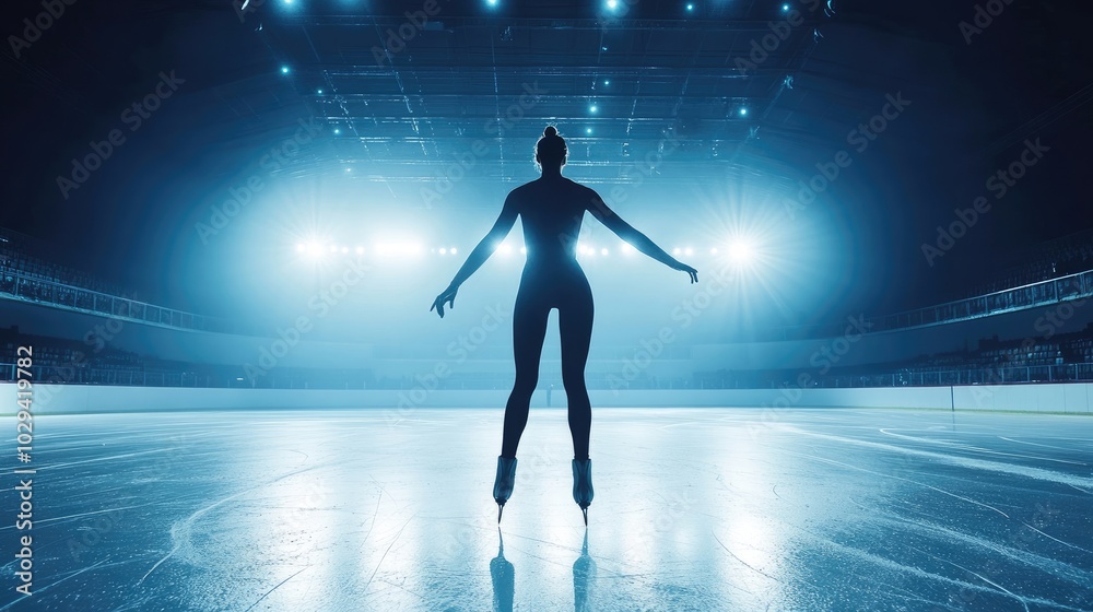 A graceful figure skater performing an intricate spin on a perfectly smooth ice rink under bright arena lights. A graceful figure skater performing an intricate spin on a perfectly smooth ice rink under bright arena lights.