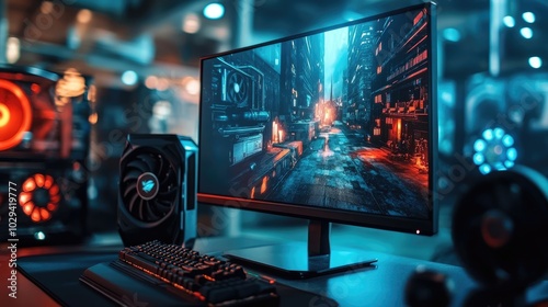 A graphic card alongside a monitor displaying a high-resolution gaming scene.