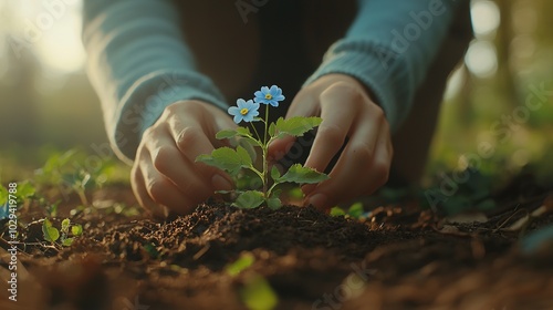 A person gently plants a small blue flower in rich soil, showcasing a connection with nature and a dedication to nurturing growth.