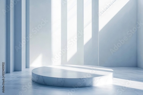 Clean White Interior Design with Geometric White Pedestal and Abstract Three-Dimensional Studio Background