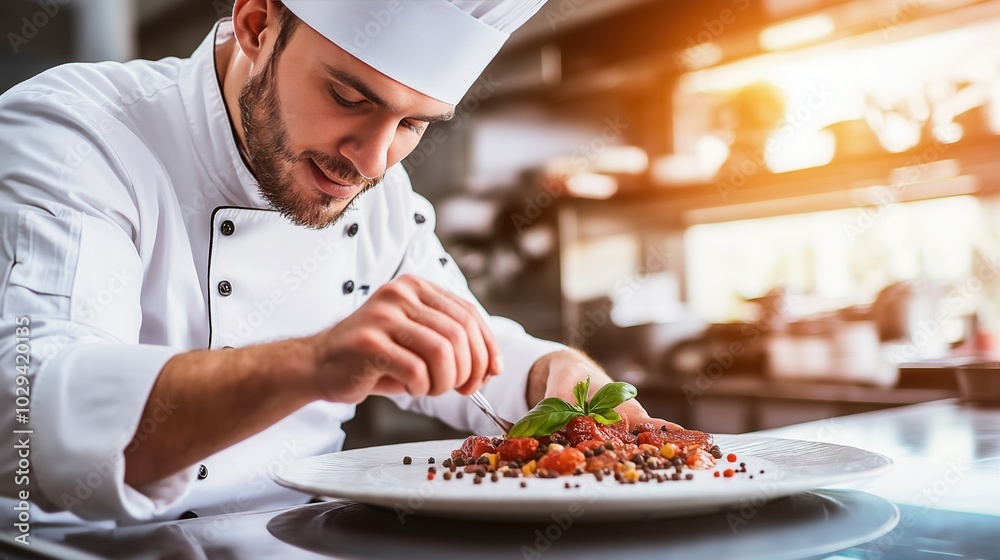 A chef skillfully plating a gourmet New Year dish in an upscale restaurant kitchen, highlighting fresh ingredients and culinary artistry A chef skillfully plating a gourmet New Year dish in an upscale restaurant kitchen, highlighting fresh ingredients and culinary artistry