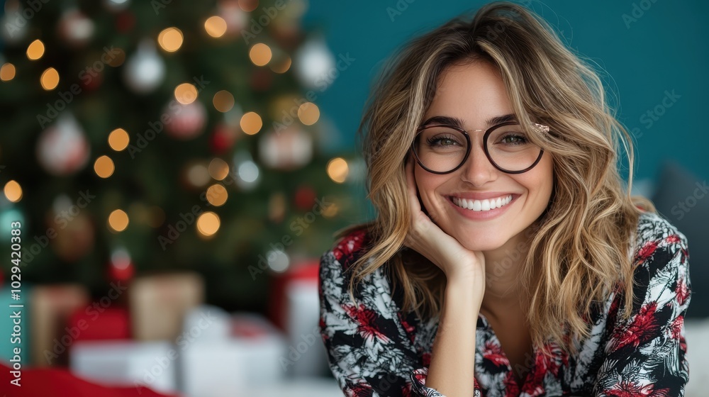 A woman with a bright smile and eyeglasses poses next to a Christmas tree adorned with lights and ornaments. Presents sit under the tree, adding holiday charm. A woman with a bright smile and eyeglasses poses next to a Christmas tree adorned with lights and ornaments. Presents sit under the tree, adding holiday charm.