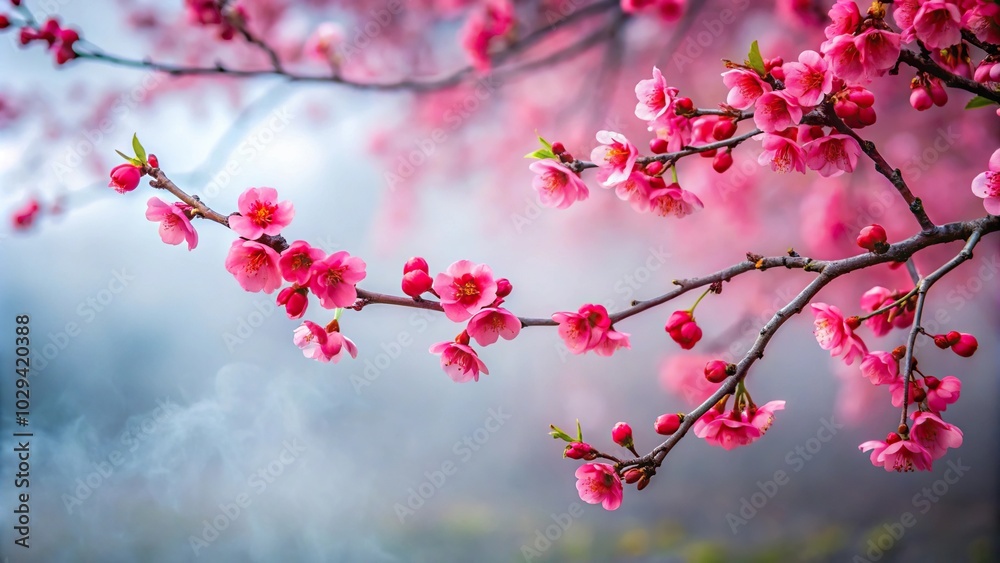 Red cherry blossom branch with sakura flower covered in mist fog Red cherry blossom branch with sakura flower covered in mist fog