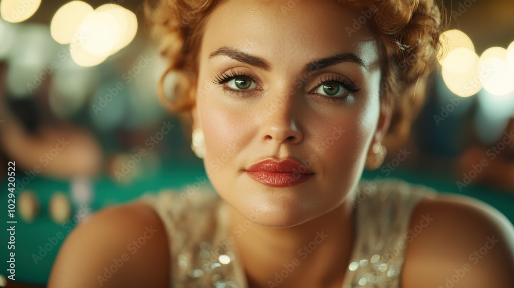 A glamorous woman leans in, with curly blonde locks and striking makeup, in a casino environment, exuding confidence and allure against a blurry backdrop. A glamorous woman leans in, with curly blonde locks and striking makeup, in a casino environment, exuding confidence and allure against a blurry backdrop.