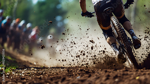 A rider accelerating out of the final corner in the last lap of a race their rear tire kicking up dirt as they push for the win.