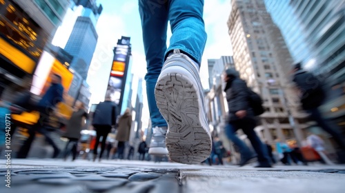 A view from behind of a person in jeans walking confidently down a vibrant and busy city street, capturing elements of urban exploration and lively adventure.