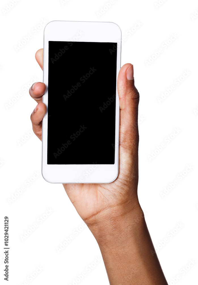 African-american female hand holding mobile smart phone with blank screen, isolated on white background. Copy space for advertisement of mobile app, mockup African-american female hand holding mobile smart phone with blank screen, isolated on white background. Copy space for advertisement of mobile app, mockup