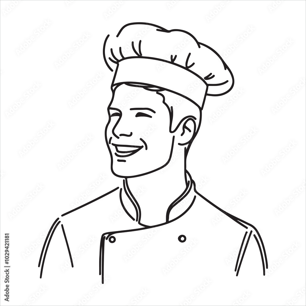 single one line young happy attractive male chef silhouette on white background single one line young happy attractive male chef silhouette on white background