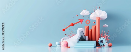 3D growth charts and geometric shapes on a teal background. Business progress and success concept photo