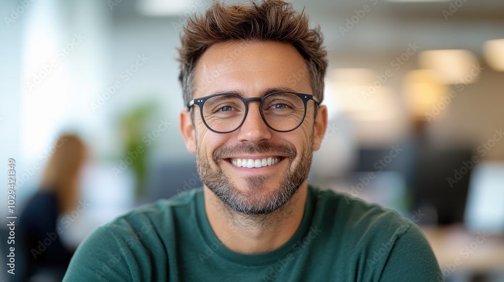 The image captures a smiling man with stylish glasses in a vibrant office setting, wearing a green shirt and exuding confidence and approachability. The image captures a smiling man with stylish glasses in a vibrant office setting, wearing a green shirt and exuding confidence and approachability.