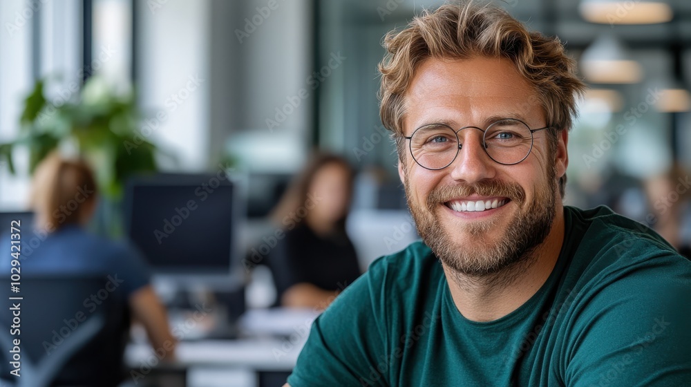 A bearded man with glasses showing a bright smile sits in a lively office space filled with colleagues, depicting a friendly and energetic work atmosphere. A bearded man with glasses showing a bright smile sits in a lively office space filled with colleagues, depicting a friendly and energetic work atmosphere.
