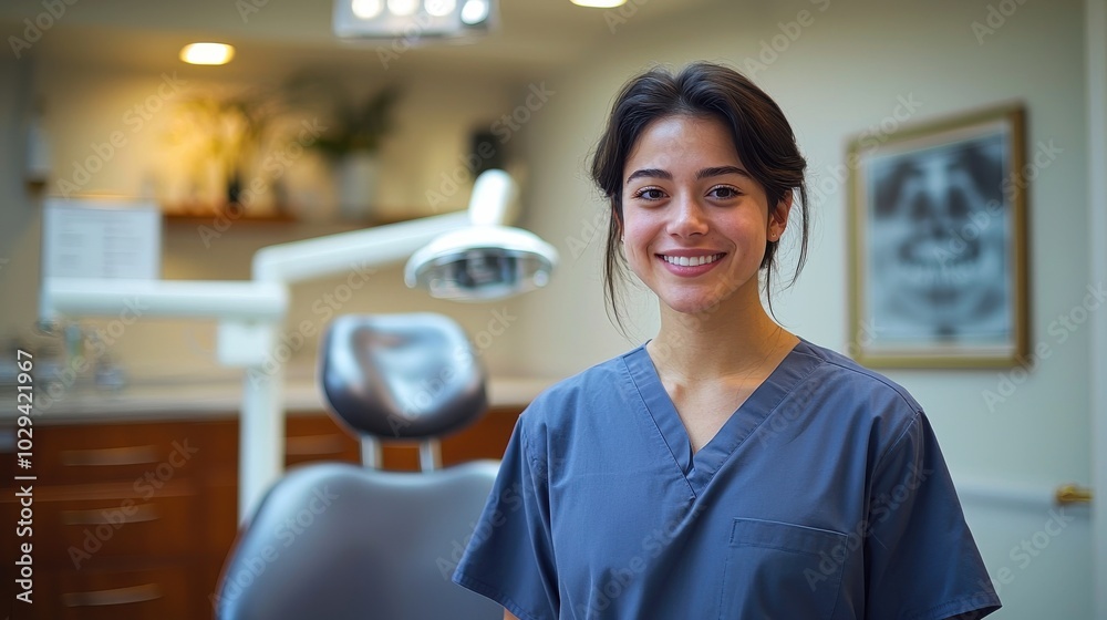 Fototapeta premium Dental assistant smiles confidently in a modern clinic setting during the day, showcasing a welcoming atmosphere for patients