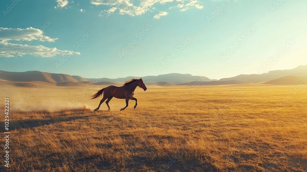A lone horse galloping across a wide-open desert expanse. A lone horse galloping across a wide-open desert expanse.