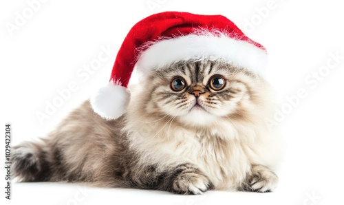 a Persian cat wearing a Santa hat, fluffy and relaxed, white background, empty space on the left