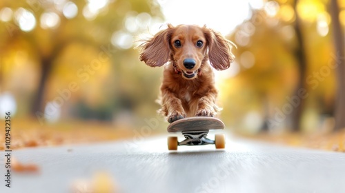 A lively dog joyfully skates on a skateboard down a scenic autumn road, capturing the essence of playful adventure and freedom in the crisp fall air. photo