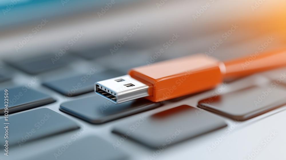 A close-up image featuring an orange USB cable resting on a laptop keyboard, capturing the clean lines and modern technology with a focus on connection and utility. A close-up image featuring an orange USB cable resting on a laptop keyboard, capturing the clean lines and modern technology with a focus on connection and utility.