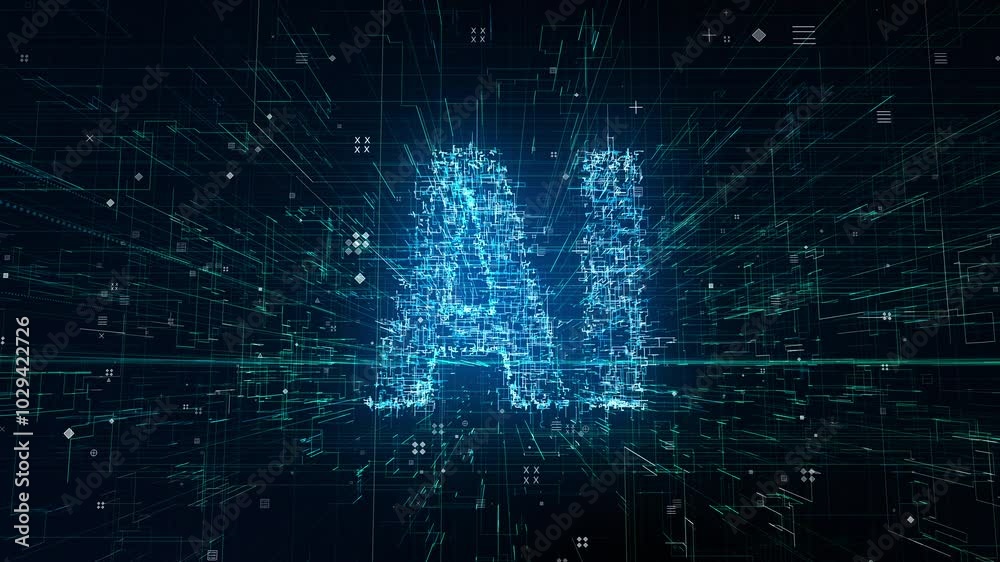 AI letters animation of glowing symbols in virtual digital world, 4k abstract artificial intelligence tech animated template