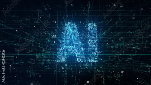 AI letters animation of glowing symbols in virtual digital world, 4k abstract artificial intelligence tech animated template