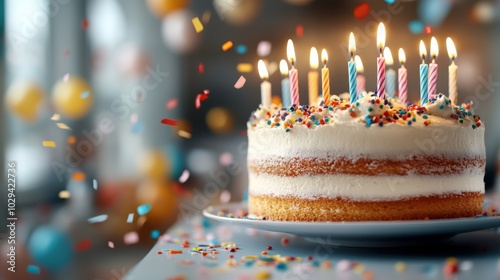 A birthday cake adorned with lit candles and colorful confetti, encapsulating celebration and joy, set against a softly blurred party background. photo