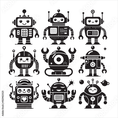 Cute cartoon robots silhouette on white background
